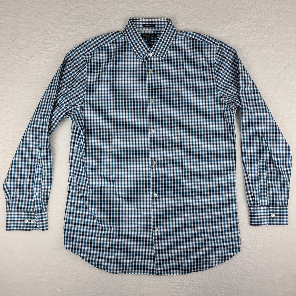 Banana Republic Shirt Mens XL Blue Teal Check Grant Fit Supima Cotton Button Up